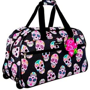 NEW Betsey Johnson Sugar Skull Rolling Travel Bag  Size: 22" × 14" x 10”